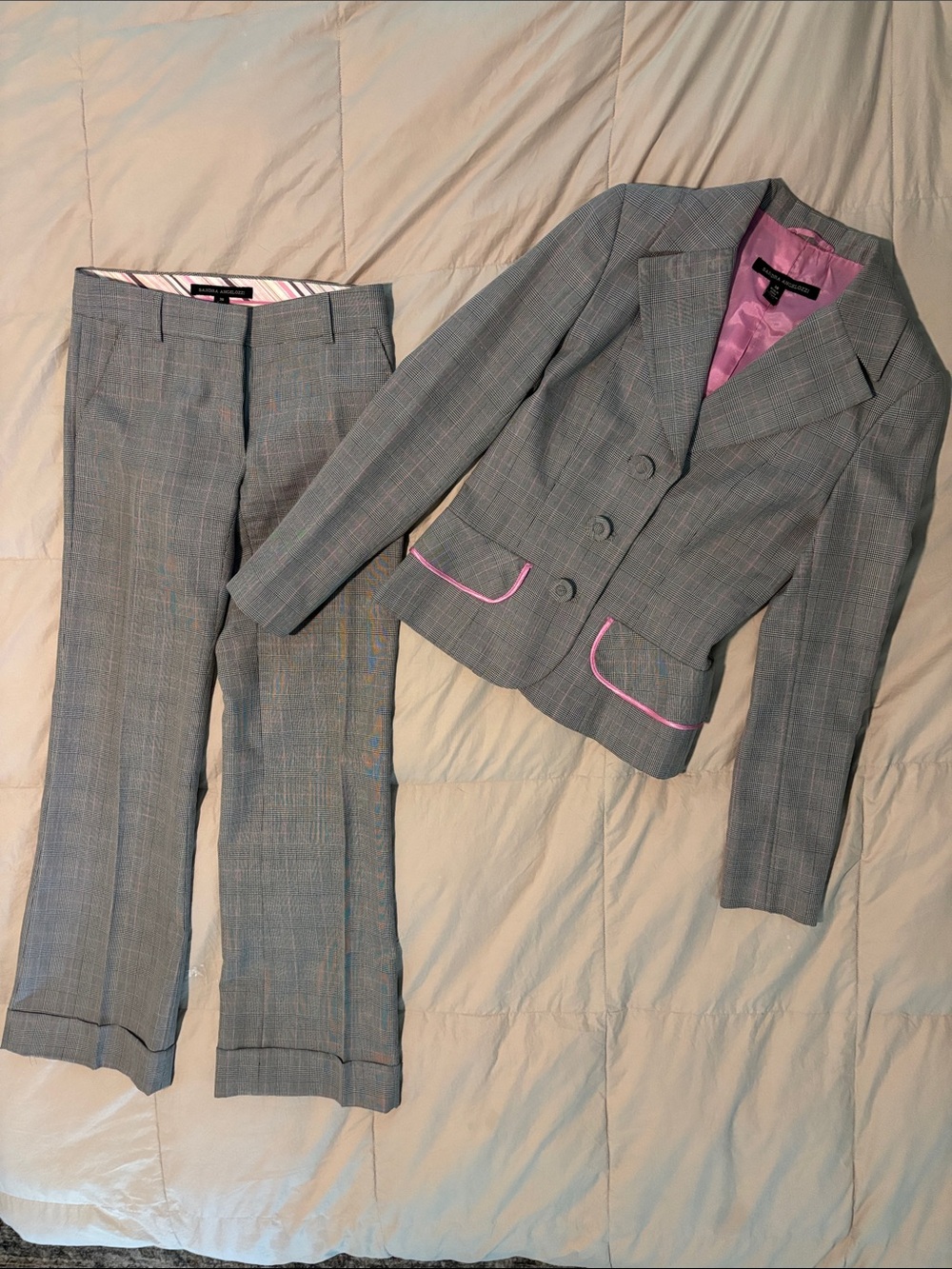 Sandra Angelozzi 2 Piece Gray Plaid Women's Suit Jacket & Pants with Pink Trim